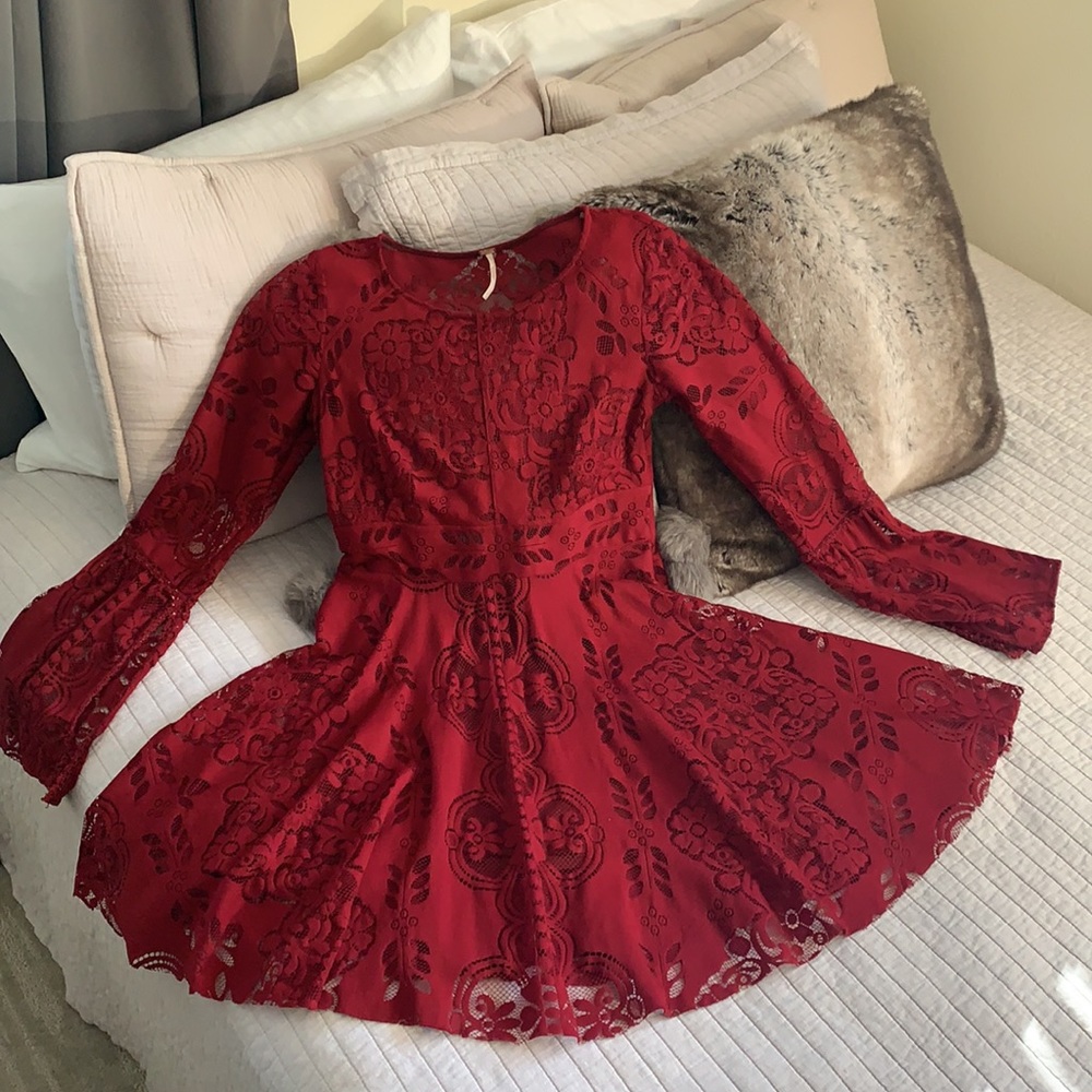 Free People Lovers Folk Song Dress burgundy sheer lace mini size 8 - Picture 3 of 16